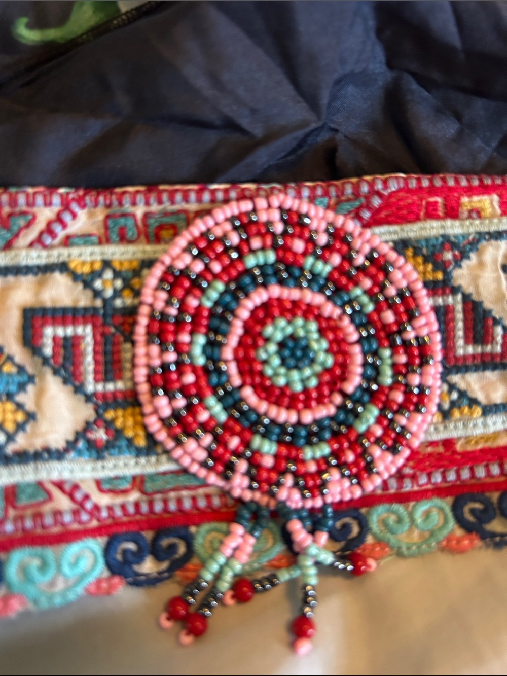 Johnny Was Silk Beaded Embroidered Floral Scarf Belt with Red Tassels - Picture 7 of 9